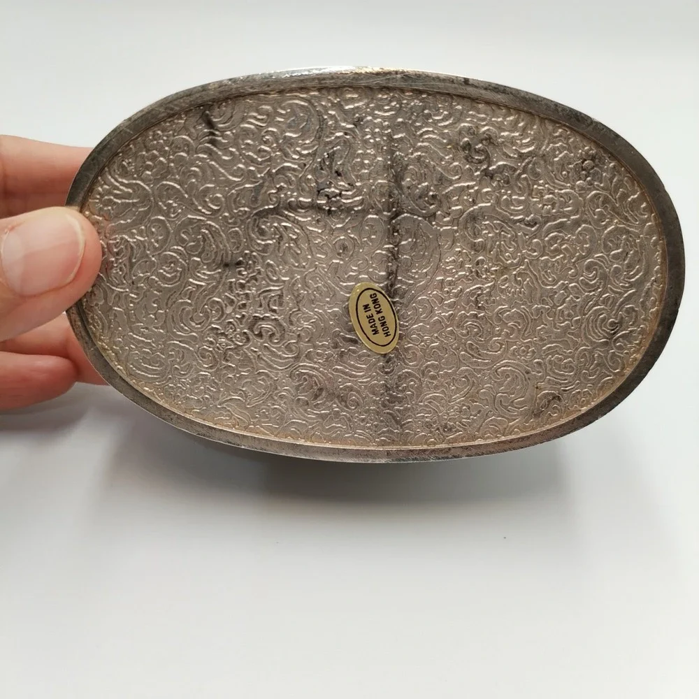 Vintage Silver Plated Oval Trinket Box Hinged Floral Scrollwork Red Lined